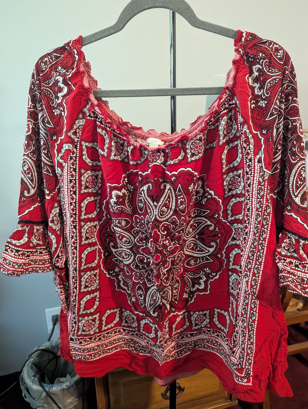 Boho Peasant Blouse - Red Paisley Scoop Neck